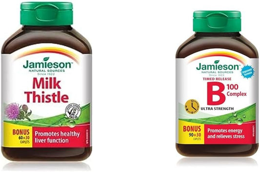 Jamieson 奶蓟草 4,500 毫克 60+30 粒胶囊和 B100 复合物超强效定时释放 - 加量装,非转基因,无麸质,黄色,120 粒(1 包)- 包装可能有所不同