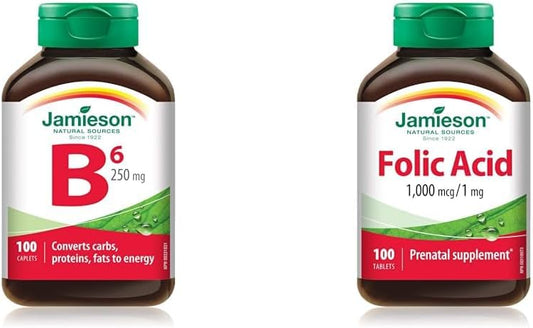 Jamieson 维生素 B6 吡哆醇 250 毫克,100 片(1 包)和叶酸 1000 微克 100 片