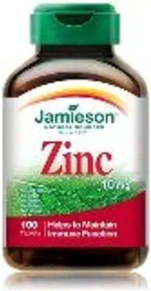 Jamieson 鋅 10 毫克,支持免疫健康、組織形成和皮膚健康。素食、非基因改造、無麩質,100 片裝,加拿大製造
