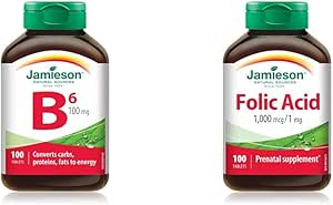 Jamieson 维生素 B6 100 毫克(吡哆醇)100 片和叶酸 1000 微克 100 片