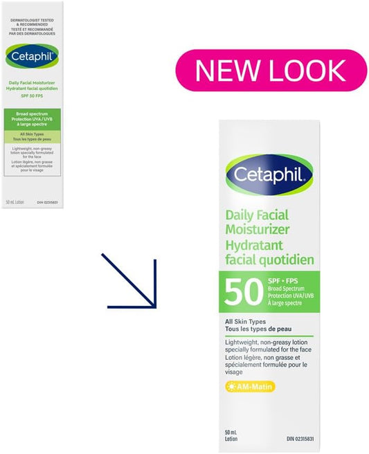 Cetaphil Daily Facial Moisturizer, SPF 50 Gentle Face Lotion for All Skin Types, Light Weight, Oil Free, Dermatologist Recommended Sensitive Skincare, 50ml, Pack of 1