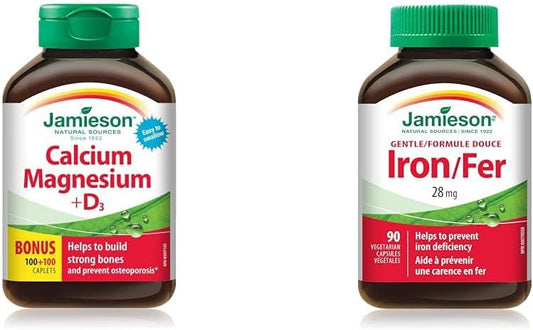 Jamieson 鈣鎂維生素 D3 和溫和鐵 28 毫克亞鐵甘氨酸鹽 - 無麩質,90 粒(1 包)