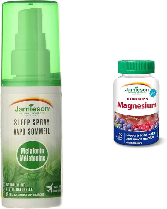 褪黑激素 1 毫克睡眠噴霧 - 天然薄荷口味 | Jamieson 鎂軟糖 - 蔓越莓葡萄口味(60 顆)