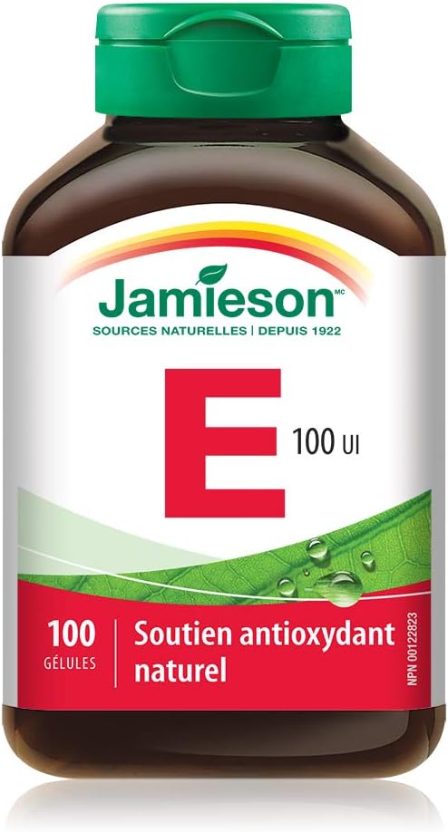 Jamieson 維生素 E 100 國際單位軟膠囊,天然抗氧化劑,有助於預防組織損傷和維生素 E 缺乏症。不含麩質,不含人工香料、色素或防腐劑,100 粒裝,加拿大製造