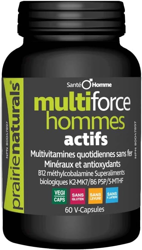 Prairie Naturals 多效男士活力配方。不含铁。富含多种维生素B群(甲钴胺B12、P5P B6、5MTHF)、MK7 维生素K2、矿物质复合物(含锌)、甜菜碱盐酸盐和菠萝蛋白酶(促进吸收)、有机小球藻……