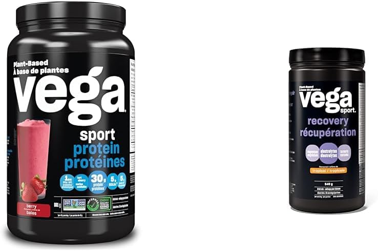 Vega Sport Protein 素食蛋白粉,浆果味(19 份)支链氨基酸和运动后恢复加速剂,热带风味(20 份)素食、非乳制品、无麸质、支链氨基酸,540 克(包装可能有所不同)