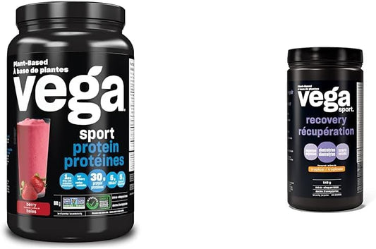 Vega Sport Protein 素食蛋白粉,莓果味(19 份)支鏈胺基酸和運動後恢復加速劑,熱帶風味(20 份)素食、非乳製品、無麩質、支鏈氨基酸,540 克(包裝可能有所不同)