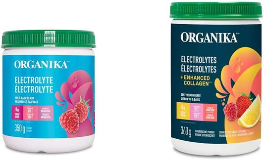 Organika Electrolyte Drink Mix Raspberry and Electrolytes + Enhanced Collagen Zesty Lemon Berry | 380 & 360g