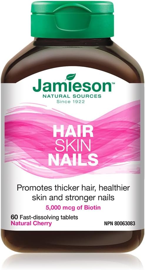 Jamieson Hair, Skin, Nails - 5,000 mcg Biotin, Natural Cherry Flavour, Gluten-Free, 60 Count (Pack of 1)