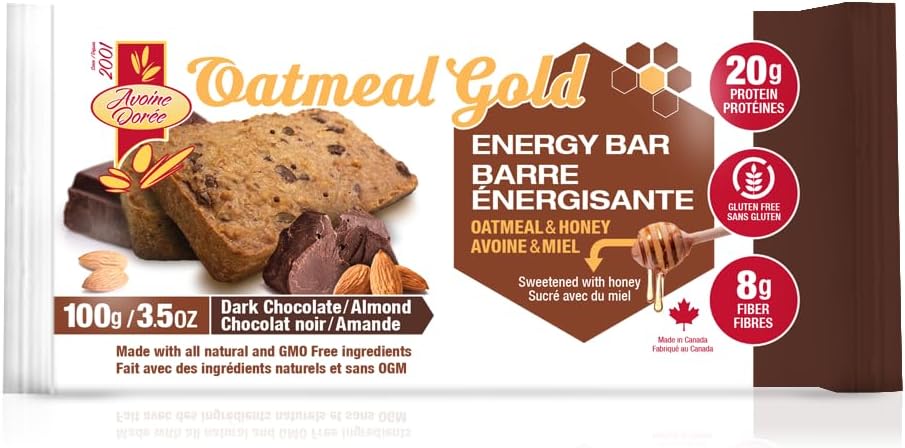 燕麦蜂蜜蛋白能量棒,无麸质零食,高纤维,黑巧克力杏仁,100克(12条)