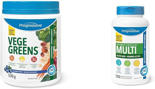 Progressive Vegegreens 蓝莓混合口味 530 克,抗炎、保肝、助消化、复合维生素,适合活跃男性,120 粒装,含南非醉茄和西伯利亚人参