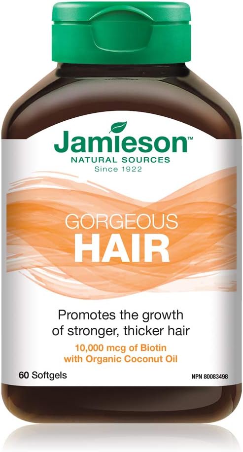 Jamieson 亮澤護髮軟膠囊,含 10,000 微克生物素和有機特級初榨椰子油,促進秀發強韌、濃密、健康,減少斷裂和分叉。非基因改造,無麩質,60 粒裝,加拿大製造