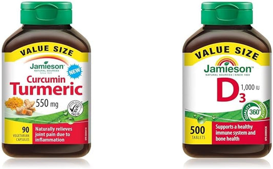 Jamieson 姜黄素,90 片装 - 超值装 & 维生素 D 1,000IU 500 片