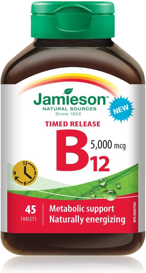 Jamieson 維生素 B12 5,000 微克緩釋片,含甲鈷胺,有助於預防維生素 B12 缺乏症,促進能量生成和代謝。每日一片,素食,非基因改造,無麩質,45 片,加拿大製造