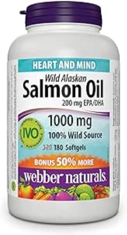 Webber Naturals 野生阿拉斯加鲑鱼油 1,000 毫克,180 粒软胶囊,支持心脏、大脑和关节健康