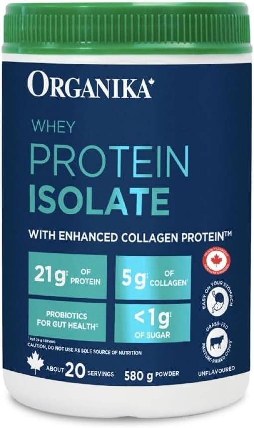 Organika Whey Protein Isolate Powder with Added Collagen Peptides and Probiotics for Easy Digestion- 21g of Protein, 5g of Fibre- Helps Build Strength and Lean Muscle + Aids Recovery- Unflavoured-580g