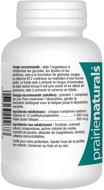 Prairie Naturals 舌下維生素 B12 甲鈷胺 1000mcg 含葉酸,有助於降低中性管缺陷的風險,幫助身體代謝蛋白質,形成紅血球,預防葉酸缺乏和維生素…