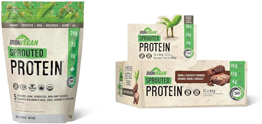 发芽蛋白,无味,1千克 | 纯素、植物基、有机、无麸质、米色和发芽蛋白棒 | 双倍巧克力布朗尼口味 | 12包