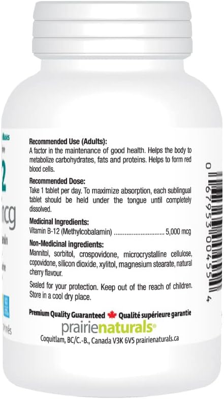 Prairie Naturals 舌下維生素 B12 甲鈷胺 5000mcg 幫助身體代謝蛋白質,形成紅血球,並預防維生素 B12 缺乏症 - 90 粒