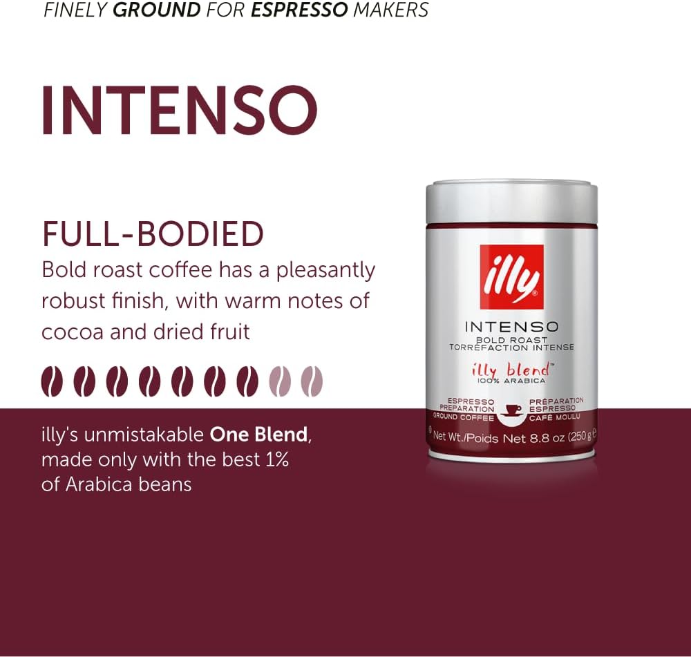 illy Ground Coffee Espresso - 100% Arabica Coffee Ground – Intenso Dark Roast – Warm Notes of Cocoa & Dried Fruit - Rich Aromatic Profile - Precise Roast - No Preservatives – 250g