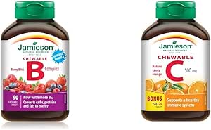 Vitamin B Complex - Berry Bliss Flavour Chewable Tablets + Jamieson Chewable Vitamin C 500 mg - Tangy Orange (120 Count)