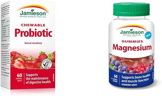 Jamieson 咀嚼益生菌 20 億活性細胞 - 天然草莓味和鎂軟糖 - 蔓越莓葡萄味,60 粒(1 包)