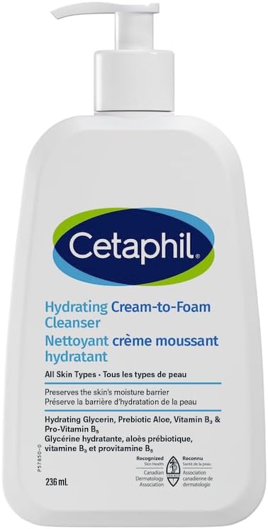 Cetaphil Cream to Foam Face Wash, Hydrating Foaming Cream Cleanser, For Normal to Dry, Sensitive Skin, with Soothing Aloe,Glycerin and Niacinamide, Hypoallergenic, Fragrance Free, 236 ml