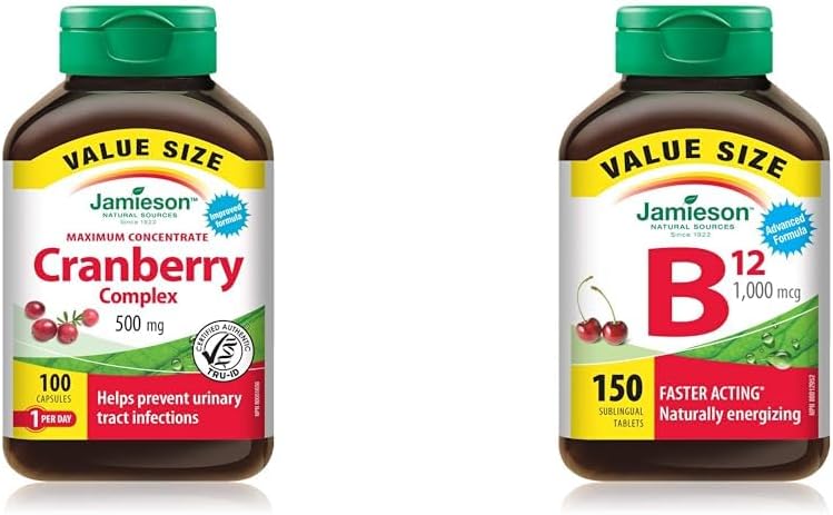 Jamieson 蔓越莓复合物 500 毫克最大浓缩物 - 超值装,素食,非转基因,无麸质,100 片(1 包)和维生素 B12 甲钴胺 1,000 微克速溶片 - 超值装