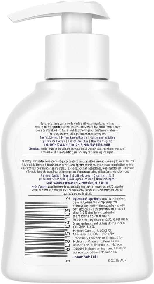 Spectro Facial Cleanser for Blemish Prone Skin, Fragrance and Dye Free, Pump Dispenser, 200 ml