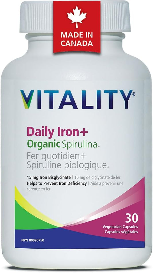 VITALITY 每日鐵補充劑 15 毫克 - 溫和的雙甘氨酸鐵,含 B12 維生素 C、葉酸和葉酸,適合敏感胃的完全造血劑,30 粒素食膠囊