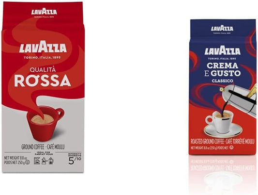 Lavazza Espresso Rossa 研磨咖啡,250 克(包装可能有所不同)和 Lavazza Crema E Gusto Classico 烘焙研磨咖啡,8.8 盎司(1 包)
