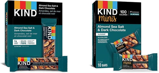KIND 巧克力棒,黑巧克力坚果和海盐味,无麸质,低糖,40 克,12 块;迷你装,杏仁海盐和黑巧克力,无麸质,100 卡路里,低糖,20 克,10 块