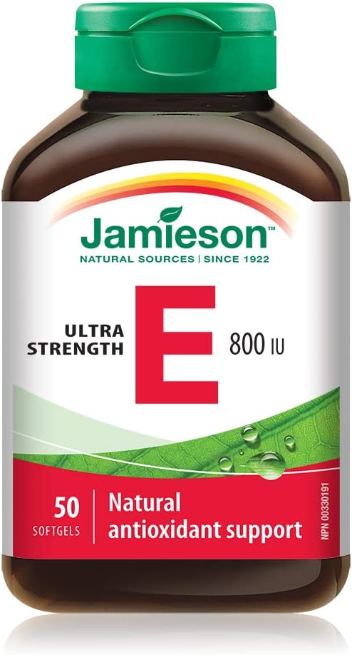 Jamieson 強效維生素 E 800 國際單位軟膠囊,天然抗氧化劑,有助於預防組織損傷和維生素 E 缺乏症。不含麩質,不含人工香料、色素或防腐劑,50 粒裝,加拿大製造