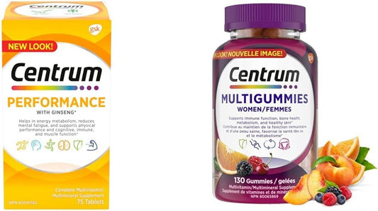 Centrum Performance 复合维生素/矿物质补充剂,75 片装(包装可能有所不同)和女性复合维生素/矿物质软糖,樱桃、浆果和橙子口味,130 粒软糖