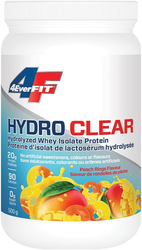 4EverFit Hydro Clear 果汁蛋白,100% 乳清蛋白水解物,混合物清澈透明,味道像糖果,无糖,无脂肪,低卡路里,不含人工甜味剂、色素或香精 - 桃子圈 500 克