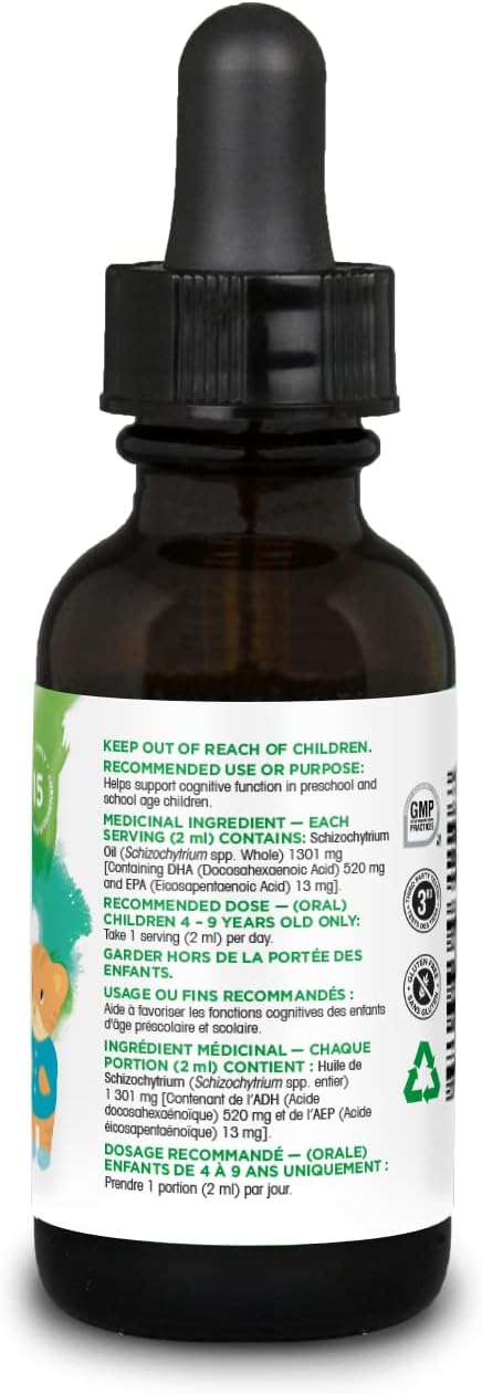 Organika 加拿大製造兒童液體植物基 DHA - 1,301 毫克 Omega 3 + DHA 和 EPA | 支持大腦、視力和認知發育,增強免疫防禦,適合 4-9 歲兒童,檸檬味 30 毫升