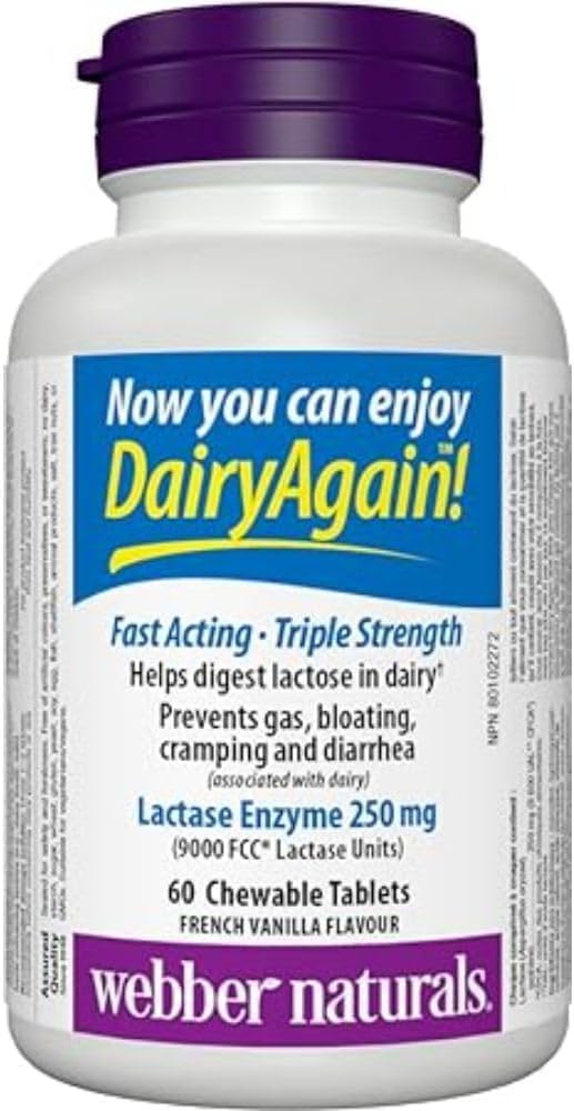 Webber Naturals Dairy Again 乳糖酶 250 毫克,60 片法國香草口味咀嚼片,幫助消化牛奶和乳製品中的乳糖