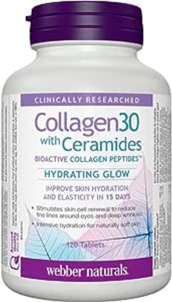 Webber Naturals Collagen30 含神經醯胺、生物活性膠原蛋白勝肽,120 片,保濕亮澤,生物素 10,000 微克,強效,120 粒膠囊,支持健康的頭髮、皮膚和指甲