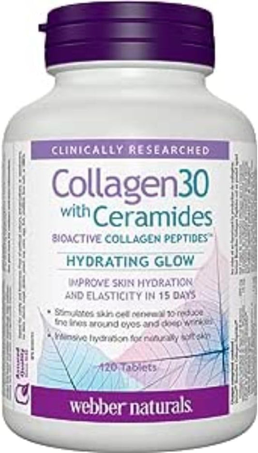 Webber Naturals Collagen30 含神經醯胺、生物活性膠原蛋白勝肽,120 片,保濕亮澤,生物素 10,000 微克,強效,120 粒膠囊,支持健康的頭髮、皮膚和指甲