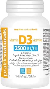 Prairie Naturals 維生素 D3 膽鈣化醇 2,500 IU 有機特級初榨橄欖油軟膠囊 - 180 粒