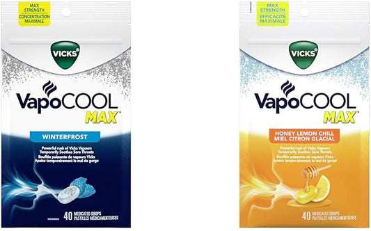 Vicks VapoCOOL Max 药用滴剂,用于暂时缓解咳嗽和咽喉痛 & VapoCOOL Max 药用滴剂,用于暂时缓解咳嗽和咽喉痛,蜂蜜柠檬冰镇口味,40 粒装