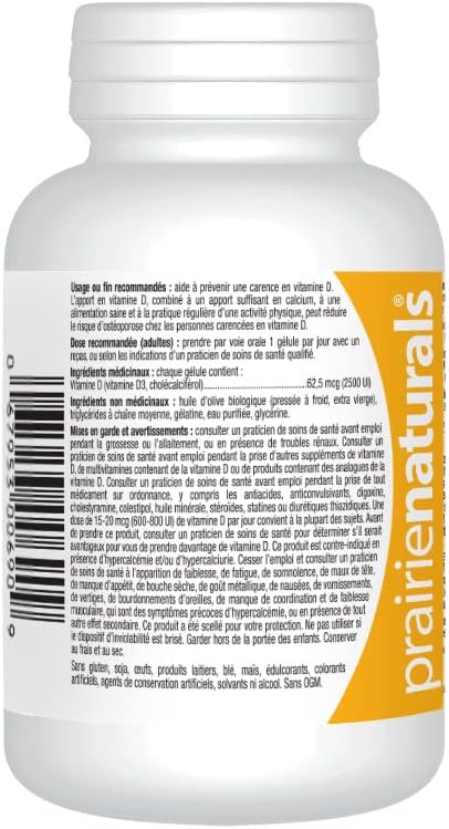 Prairie Naturals 維生素 D3 膽鈣化醇 2,500 IU 有機特級初榨橄欖油軟膠囊 - 90 粒