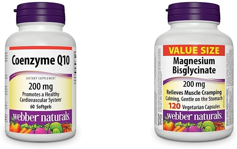Webber Naturals 辅酶 Q10 (CoQ10) 200 毫克,高效抗氧化剂和双甘氨酸镁 200 毫克,120 粒胶囊,支持骨骼和肌肉功能,纯素