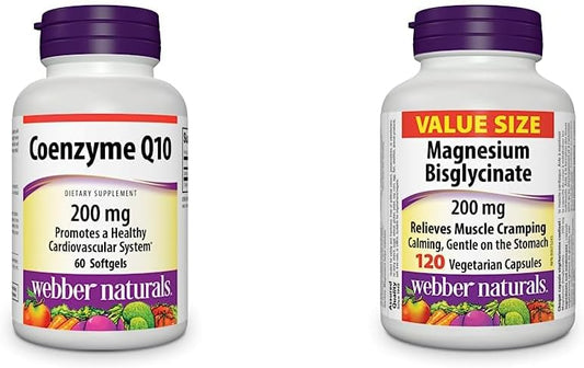 Webber Naturals 輔酶 Q10 (CoQ10) 200 毫克,高效抗氧化劑和雙甘氨酸鎂 200 毫克,120 粒膠囊,支持骨骼和肌肉功能,純素