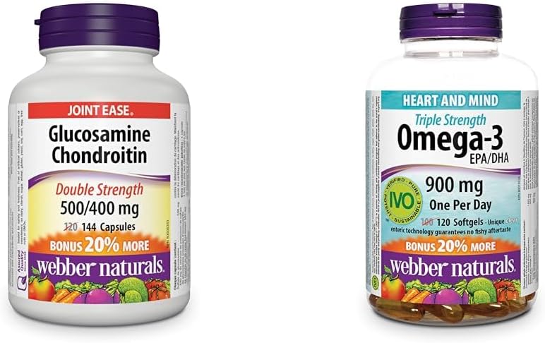 Webber Naturals 葡萄糖胺軟骨素,雙倍強度,144 粒膠囊和 Omega-3 900 毫克三倍強度,120 粒透明腸溶無魚腥味軟膠囊