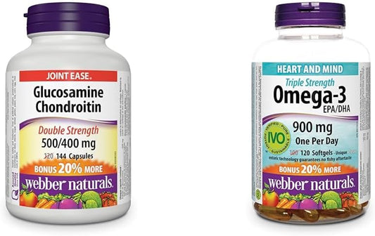 Webber Naturals Glucosamine Chondroitin, Double Strength, 144 Capsules & Omega-3 900 mg Triple Strength, 120 Clear Enteric No Fishy Aftertaste Softgels