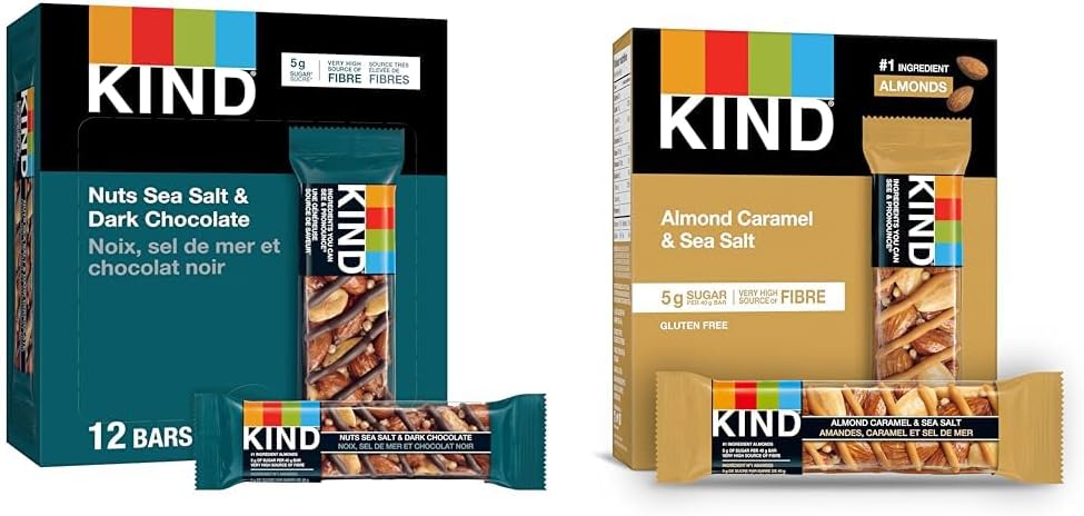 KIND 能量棒,坚果海盐黑巧克力,无麸质,低糖,40 克,12 块;水果坚果焦糖杏仁海盐,无麸质,低糖,1.4 盎司,5 块