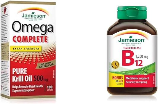 Jamieson Omega Complete 纯磷虾油 500 毫克加强型 - 100 粒软胶囊,包装可能有所不同,维生素 B12(钴胺素)1200 微克,定时释放,80 片