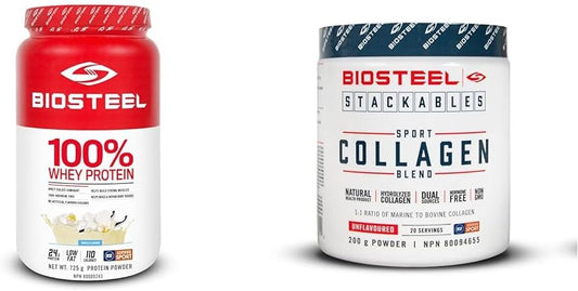 BioSteel 100% 乳清蛋白粉,rBGH 无激素非转基因运动后配方,香草味,25 份;BioSteel Stackables 运动胶原蛋白混合物,水解胶原蛋白非转基因配方,20 份