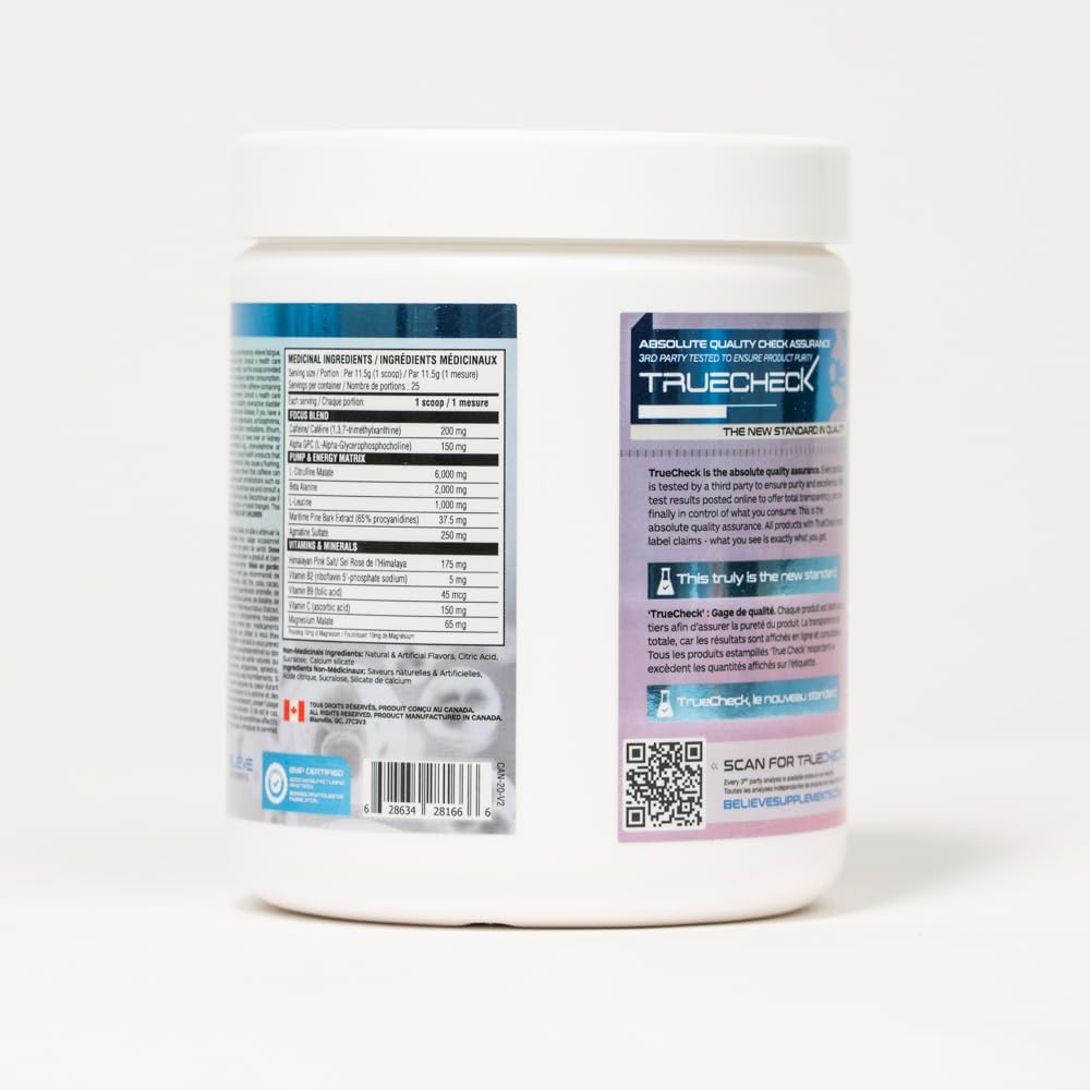 Believe Supplements Pre Fuel - 终极一体化锻炼前补充剂,含 200 毫克咖啡因,可增强焦点、增加肌肉饱满度 - 提升能量、耐力和表现 - 增强健身房和健身效果 - Alpha-GPC、肌酸、β-丙氨酸……